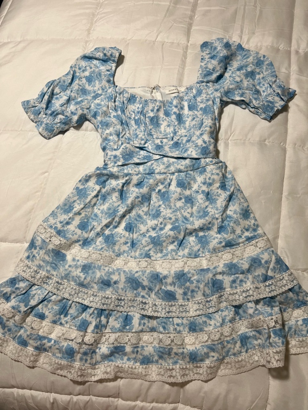 Altar'd State Blue Floral Lace-Trim Dress